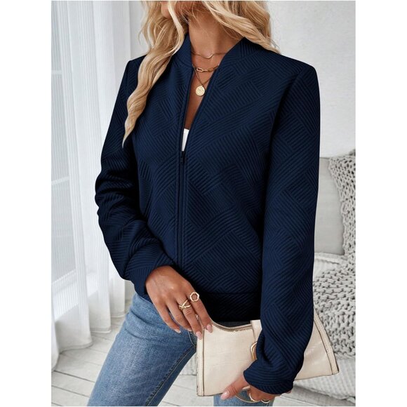 Women's Zip Up Bomber Jacket Casual Textured Long Sleeve Coat Fall Dark Blue - Picture 4 of 6